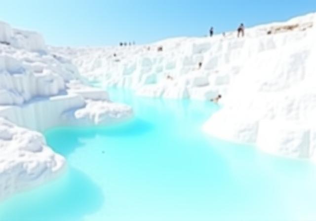 White travertine terraces of Pamukkale with blue thermal waters