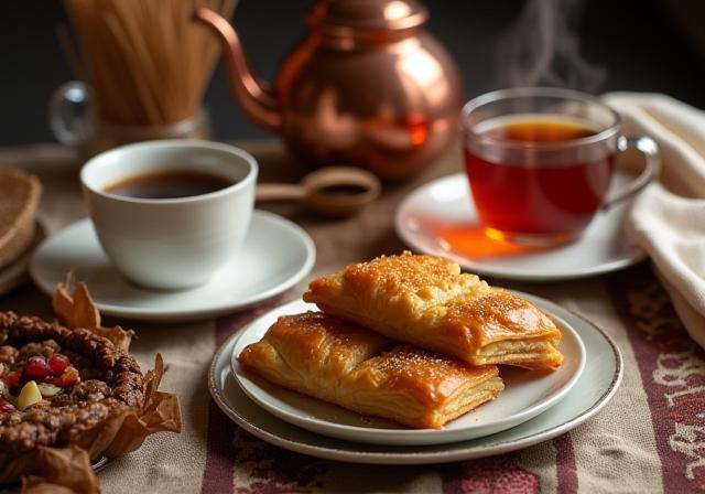 Image representing Turkish culinary experiences, like a Turkish coffee set or baklava